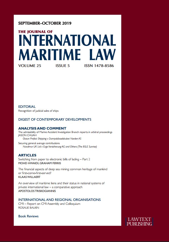 LawtextPub's tweet photo. Journal of International Maritime Law Vol 25 Issue 5 – orders to https://t.co/1mfA1lEUjL
Read Klaas Willaert on The financial aspects of deep sea mining – common heritage of manking or first-come-first-served?
#JIML @FbwUGent #LawoftheSea #maritimelaw #deepseamining #UNCLOS https://t.co/LN9UjqwXGd