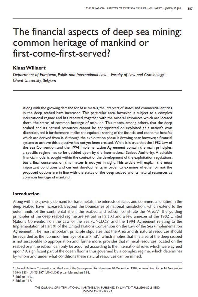 LawtextPub's tweet photo. Journal of International Maritime Law Vol 25 Issue 5 – orders to https://t.co/1mfA1lEUjL
Read Klaas Willaert on The financial aspects of deep sea mining – common heritage of manking or first-come-first-served?
#JIML @FbwUGent #LawoftheSea #maritimelaw #deepseamining #UNCLOS https://t.co/LN9UjqwXGd