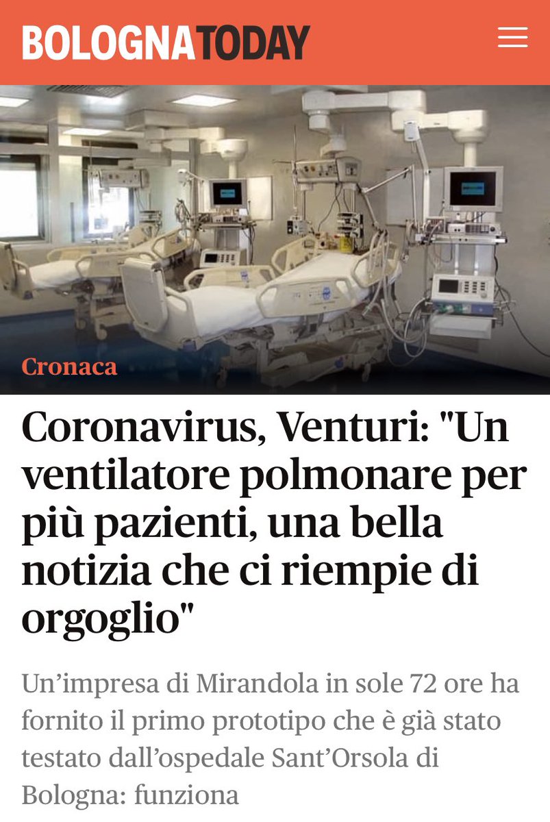 Medici Emiliano-Lombardi e un’azienda dell’area biomedicale di Mirandola assieme hanno sviluppato un nuovo circuito che con UN ventilatore tratta DUE pazienti in terapia intensiva. Uno sviluppo che potrebbe essere fondamentale contro il #coronavirus. Anche questa è Italia.