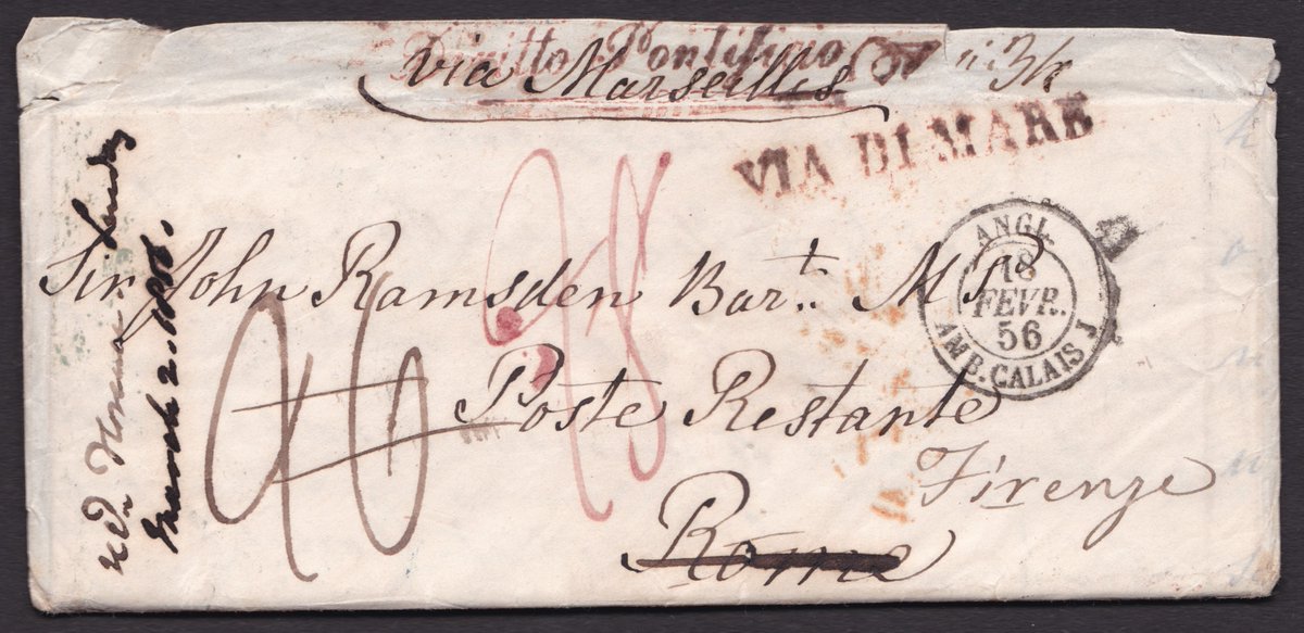 From my Collection17 Feb 1856Ferry Bridge via London, RomeVIA DI MARE, Roma e Diritto Pontificio Sc.=31“of pontifical right” 17 Feb FlorenceSir John Ramsden, MPLetter - Crimea peace negotiations, there will be nothing to do in the House of Commons for some time #philately8