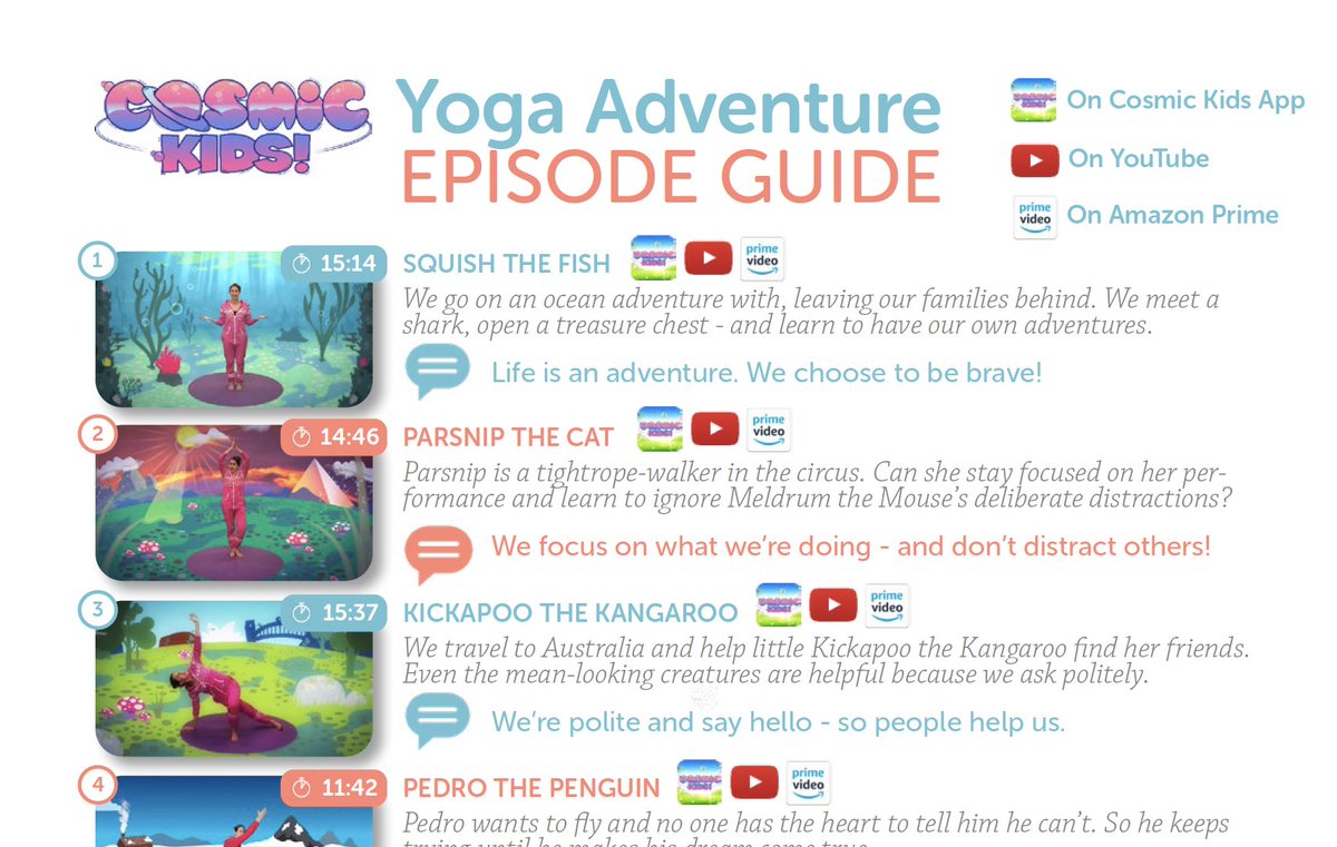 CosmicKidsYoga's tweet photo. https://t.co/6Wkrw1FW1Q
Our episode guide now has LINKS IN IT! (Sorry everyone - we thought it did yesterday but it didn't.) If you have one from yesterday, please just download it again -  putting a big zero in the box!  ✨ https://t.co/gQMgDwMfqH