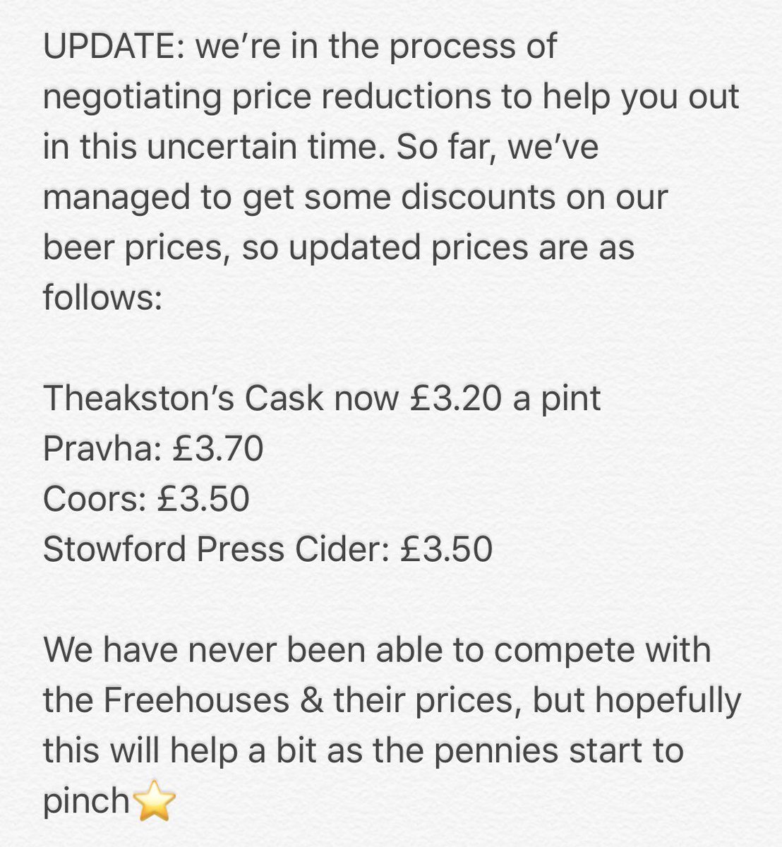TheStarFiley's tweet image. Update on our drink prices 🍻