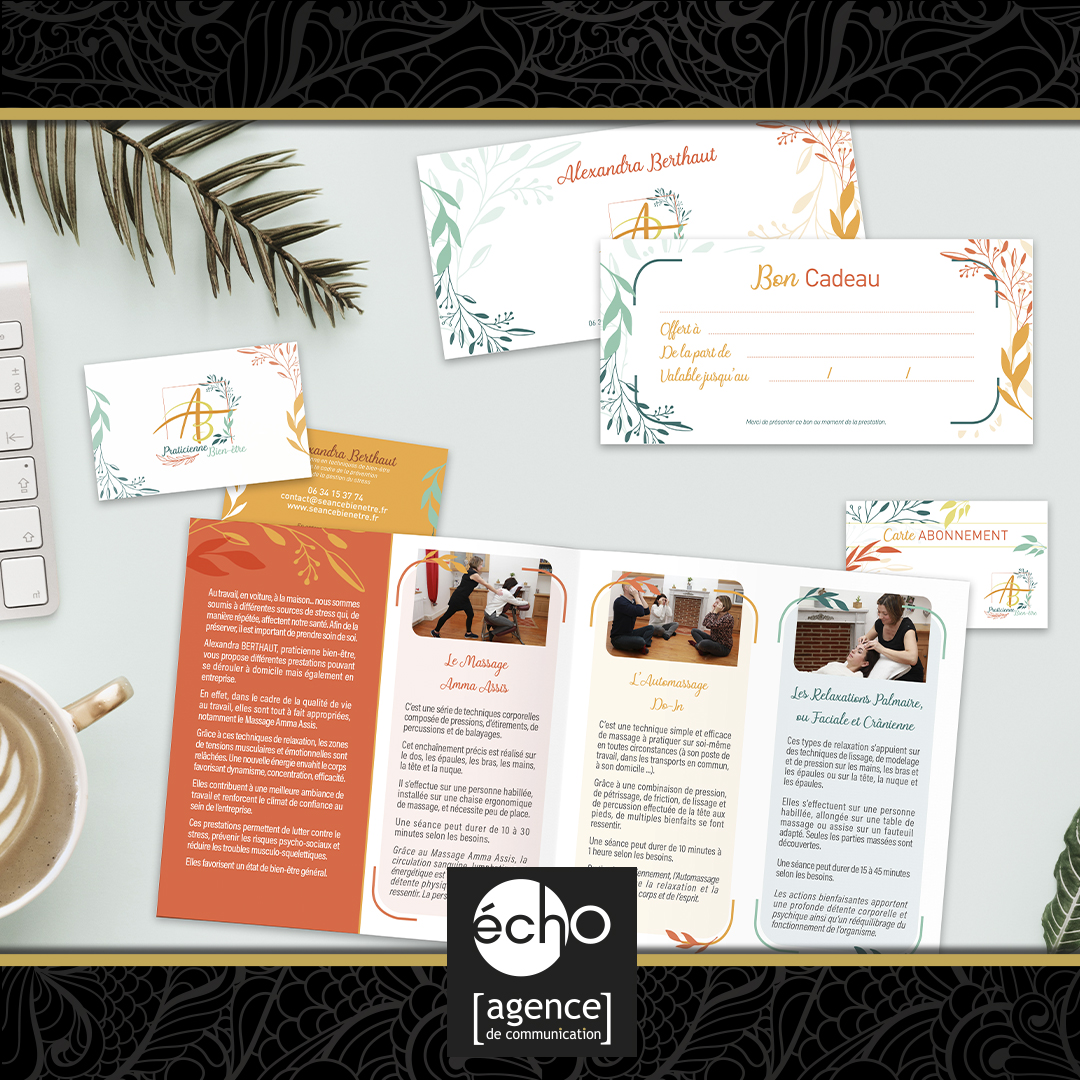 ◾ CRÉATION ◾
Un visuel fleuri et coloré pour ce centre de bien-être, massages et relaxation… Nous avons proposé une réalisation complète : logo, identité visuelle, cartes, plaquettes, bons cadeaux… Nous aussi, on a bien envie de se faire chouchouter !