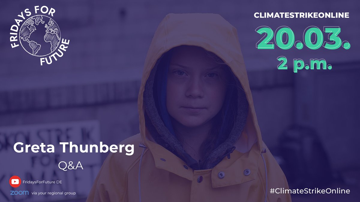 As #FridaysForFuture we have started the #ClimateStrikeOnline to act responsibly &amp; stay at home in this crisis. Now, we are using the time to listen to experts in their field &amp; educate ourselves. Today, you can join our Q&amp;A with <a href="/GretaThunberg/">Greta Thunberg</a> at 2pm MEZ: youtu.be/5FHEb3reZ74