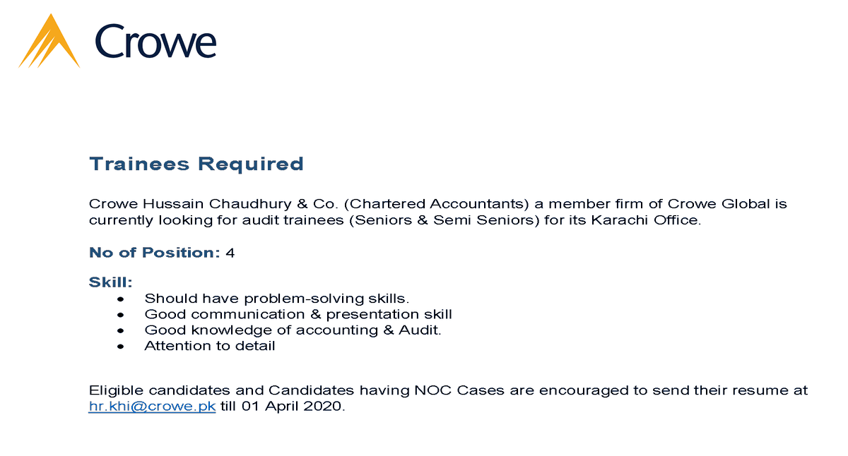 icapofficial's tweet photo. #TraineeVacancyAnnouncement
Crowe Hussain Chaudhry & Co. Chartered Accountants is hiring CA Trainees for its Karachi Office
#ICAP #CAtrainee #Vacancy #CroweHussainChaudhryCo. https://t.co/F2wcvqXKog