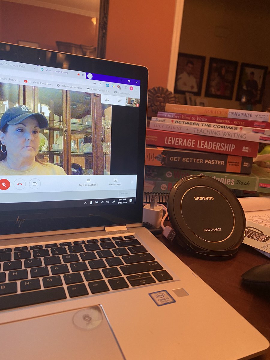 robininhampton's tweet image. Preparing for Friday virtual office hours...Books, lists, pens, phone charger, and laptop on the dining room table! Oh, and it’s cap day in my office! @ElaHcs #RemoteLearninginHenry