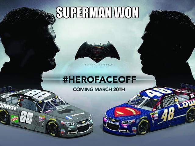Charlyn4848's tweet photo. Big Earl......LOOKS LIKE SUPERMAN WON! Chad....NICE PIT STOP! HELL YEAH JOHNSON!! Superman....NICE TEAMWORK GUYS, SOMEBODY GET MY DAMN CAPE!! Chad...YOU ARE THE MAN BROTHER!! #HeroFaceOff SUPERMAN WINS!!!! @JimmieJohnson @BigEarl48 @Aim_Walsh #FastFridayRewind https://t.co/1vu7XZZQ9L