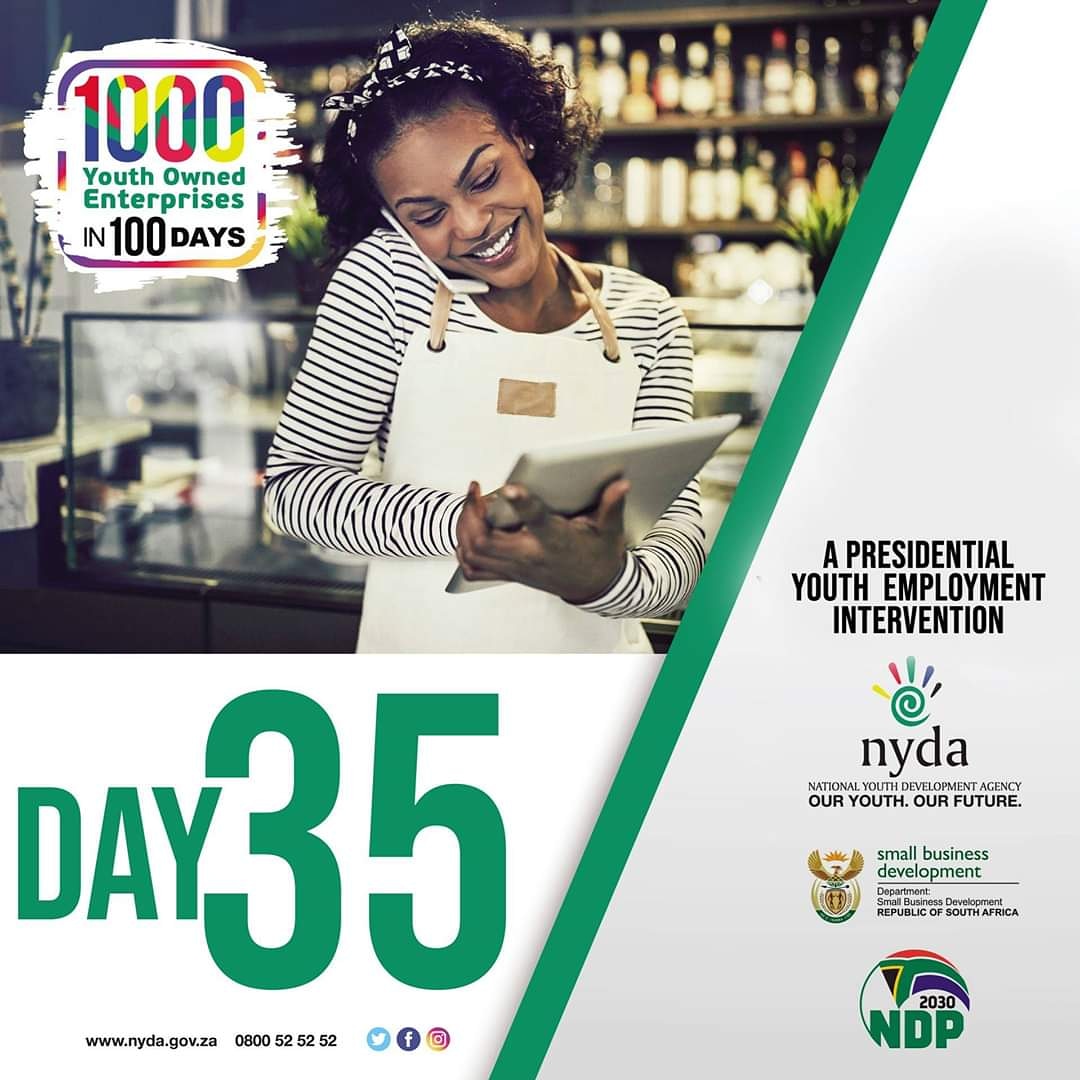 We are 35 days into the Presidential Youth Employment Intervention! 

The '1000 Youth-Owned Enterprises' Intervention aims to fund youth-owned businesses in a 100 days through the NYDA Grant Funding. 

#GrowSA #1000YouthOwnedEnterprises
#PresidentialYouthEmploymentIntervention