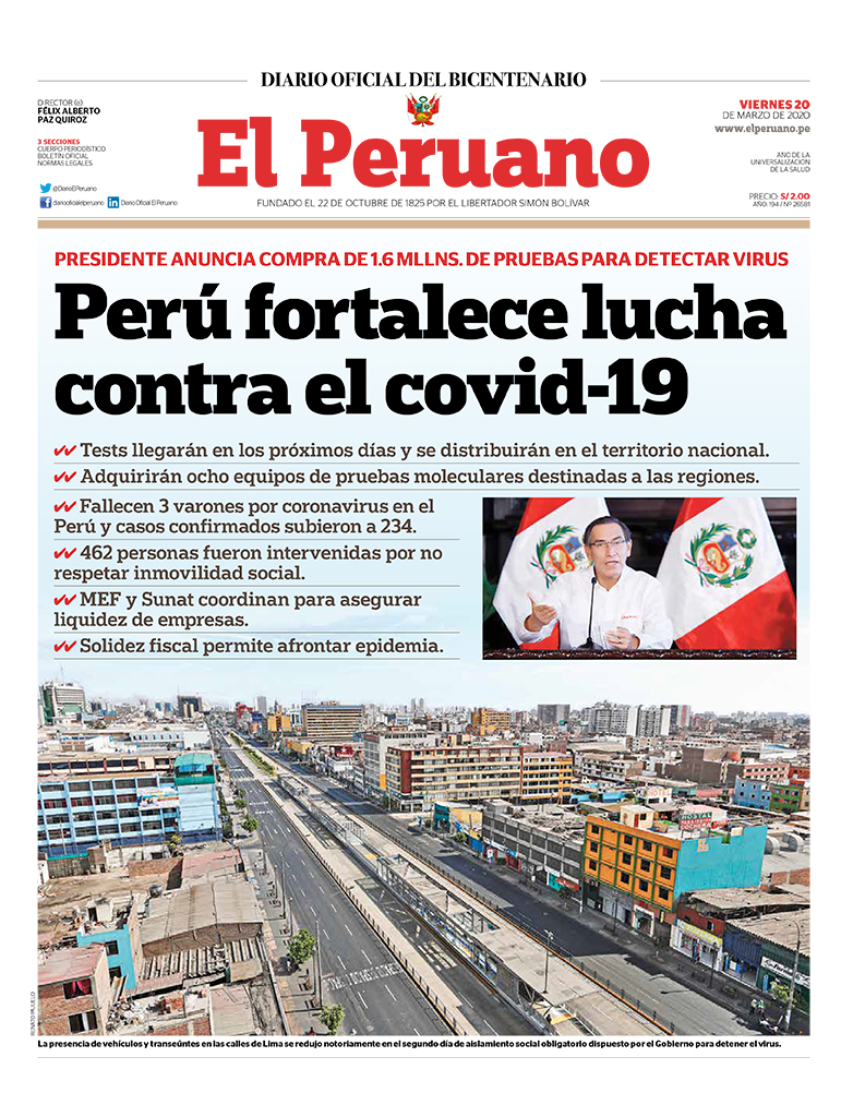 DiarioElPeruano's tweet photo. ¡Buenos días! ☕ Esta es nuestra portada de hoy. Descarga la edición completa aquí 👉 https://t.co/3WBprtQ7BD 
#YoMeQuedoEnCasa
#PerúEstáEnNuestrasManos https://t.co/IQrJALF8jL