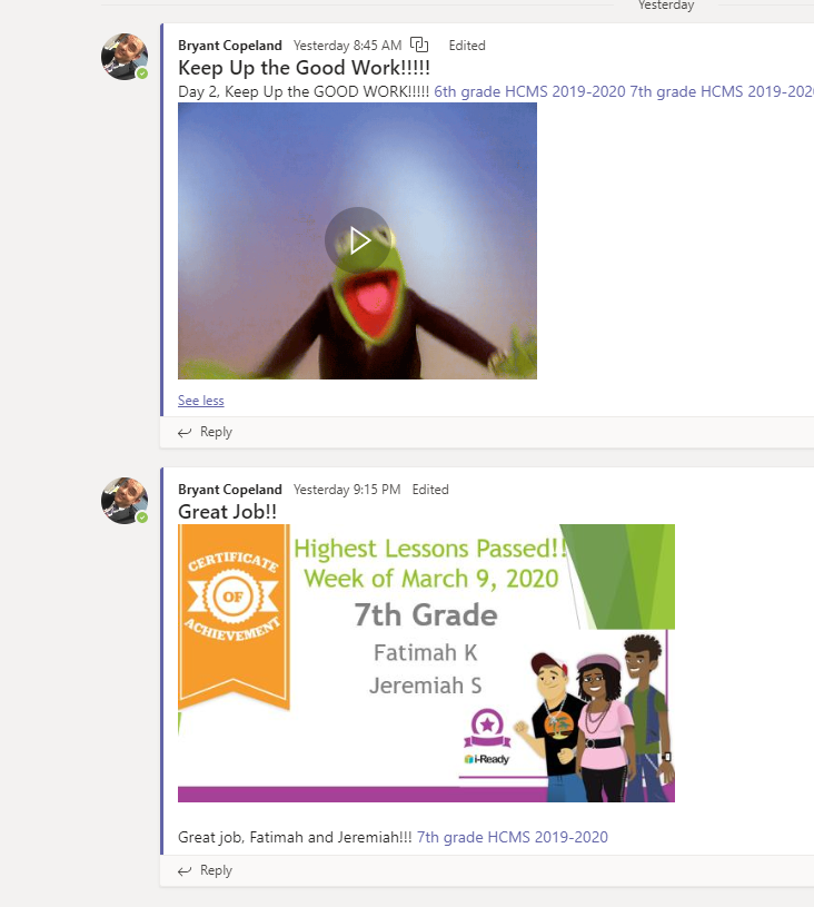 HuntersCreekMS's tweet photo. Giving PRAISE to our students on @MicrosoftTeams for passing the MOST iReady lessons last week!!! We are celebrating successes! @CurriculumAssoc #myiready @OnslowSchools @TheLeaderinMe #usethetech https://t.co/Y70PFCJ0xK