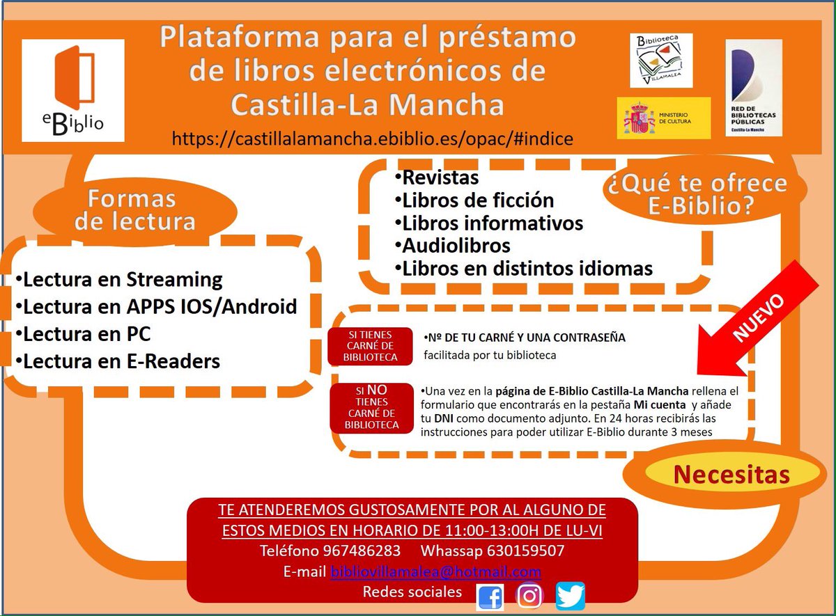 BVillamalea's tweet photo. NOVEDADES E-BIBLIO (20 MARZO) DURANTE TRES MESES NO NECESITAS EL CARNÉ DE BIBLIOTECA. Más información en la imagen adjunta. Recuerda que estaremos encantados de solucionarte cualquier duda.#YoMeQuedoEnCasa https://t.co/shCCqcoyd3