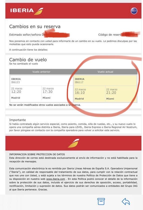 omelocotton's tweet photo. Me estáis vacilando? Estado de alarma, cierre espacio aéreo y me notificáis cambio de vuelo MAD MIAMI de este domingo 22 a las 12:20 por las 16:00??? QUIERO REEMBOLSO DE MI DINERO. No contestáis por ninguna vía. LADRONES @Iberia https://t.co/7NJ7x42sfw