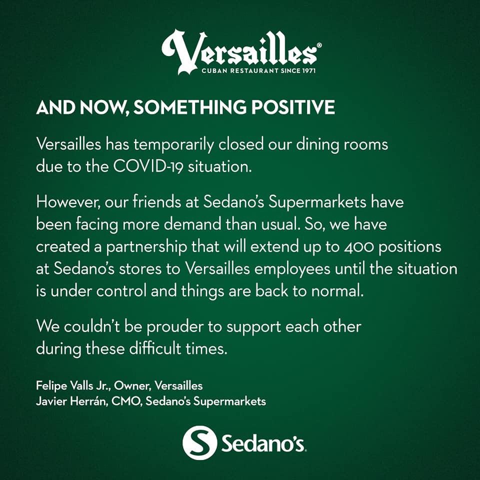 EricaRakow's tweet photo. I’m so impressed. This is what you call looking out for one another. Major props to @VersaillesMiami and @Sedanos for teaming up to keep these restaurant workers afloat. https://t.co/hStlcj8bw5