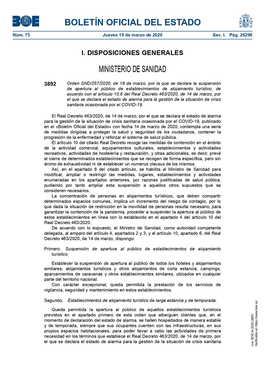 JarabaTurismo's tweet photo. El Boletín Oficial del Estado publicó ayer la Orden de por la que se declara la suspensión de apertura al público de los establecimientos de alojamiento turístico.
#quedateencasa
#EsteVirusLoParamosUnidos https://t.co/lwSYGNedDK
