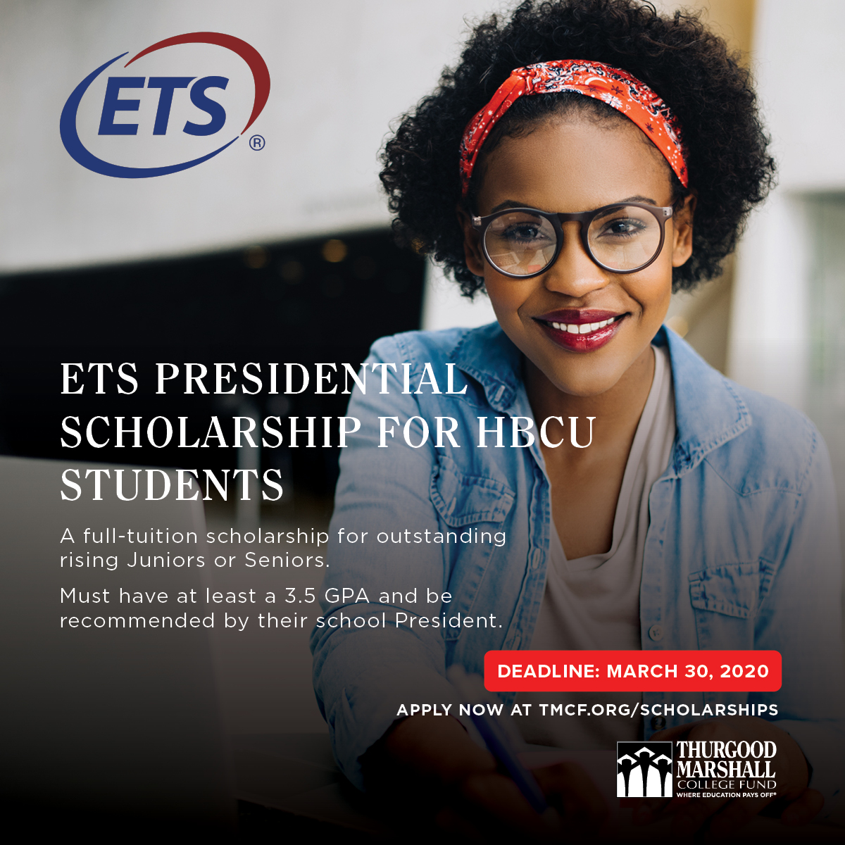 tmcf_hbcu's tweet photo. Don't let the #coronavirus get you down! Maximize your time by applying for the @ETSInsights Presidential #Scholarship for #HBCU Students.

Get the financial assistance you need to lower #studentloan debt.

Deadline - March 30th!

https://t.co/bmFDHvHrRG

#scholarships #HBCUs https://t.co/VMGLnnOYTl