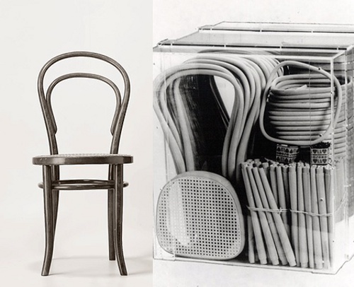 Peeeeero la gran revolución fue en su distribución: la silla Thonet Nro.14, era desmontable en 6 piezas, y por tanto se podía almacenar ocupando menos sitio y era más fácil de transportar. 

Todo esto contribuyó al incremento de las ventas: 36 sillas cabían en un m3.