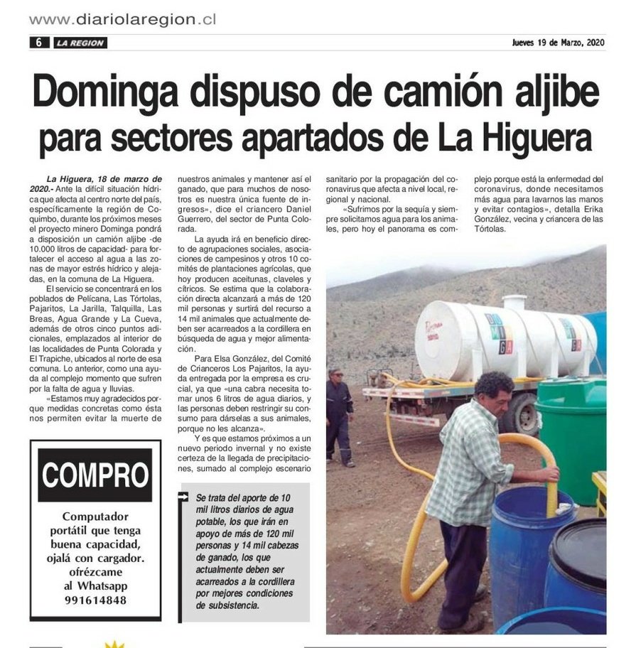 Ahora en catástrofes como esta que vive Chile y el mundo, es precisamente donde de ven los gallos, gracias Dominga por aportar con este vital elemento a esta comuna afectada por la sequía y además en momentos de salud críticos. <a href="/LaHigueraMuni/">Muni La Higuera</a> <a href="/Adriaval/">Adriana Peñafiel</a> <a href="/1TAmbiental/">Primer Tribunal Ambiental</a> <a href="/lupipinto/">Lucia Pinto Ramírez 🇨🇱</a>