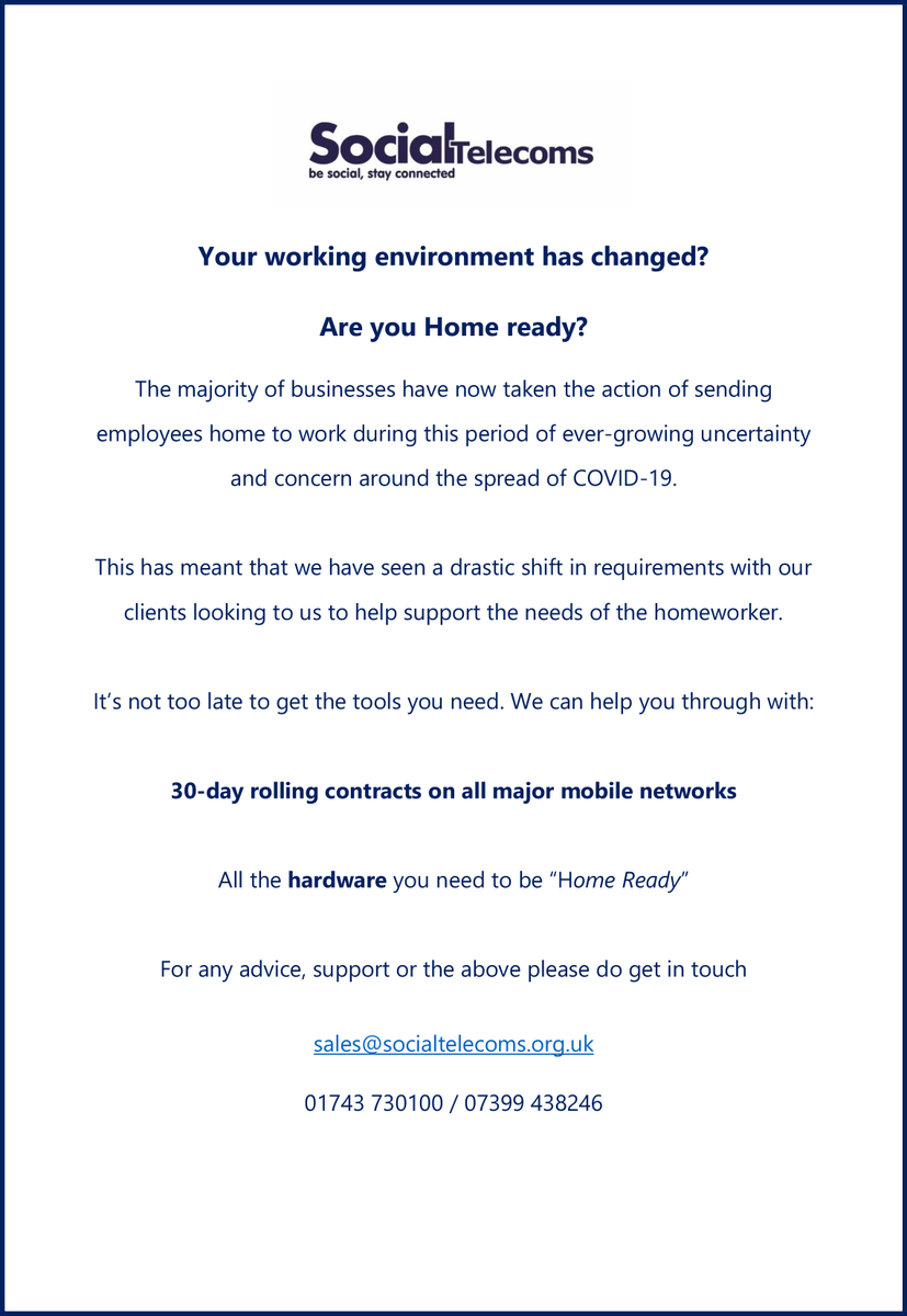 SocialTelecoms's tweet photo. Social Telecoms helping you get Home Ready #30daySIMs #mobiles #homeready #StaySafeStayHome #telecoms #SocialHousing #socialenterprise https://t.co/rwPPNGhwmv
