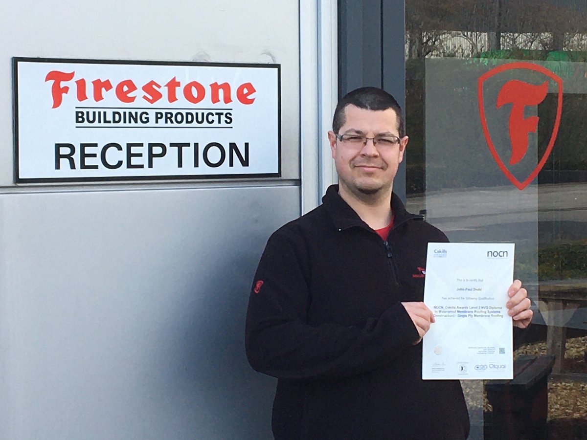 Congratulations to John-Paul Dodd, one of <a href="/FirestonebpUK/">FirestonebpUK</a> 's Tech Reps, on gaining his Level 2 NVQ in Single Ply Roofing Membranes. <a href="/singleply/">SPRA</a>