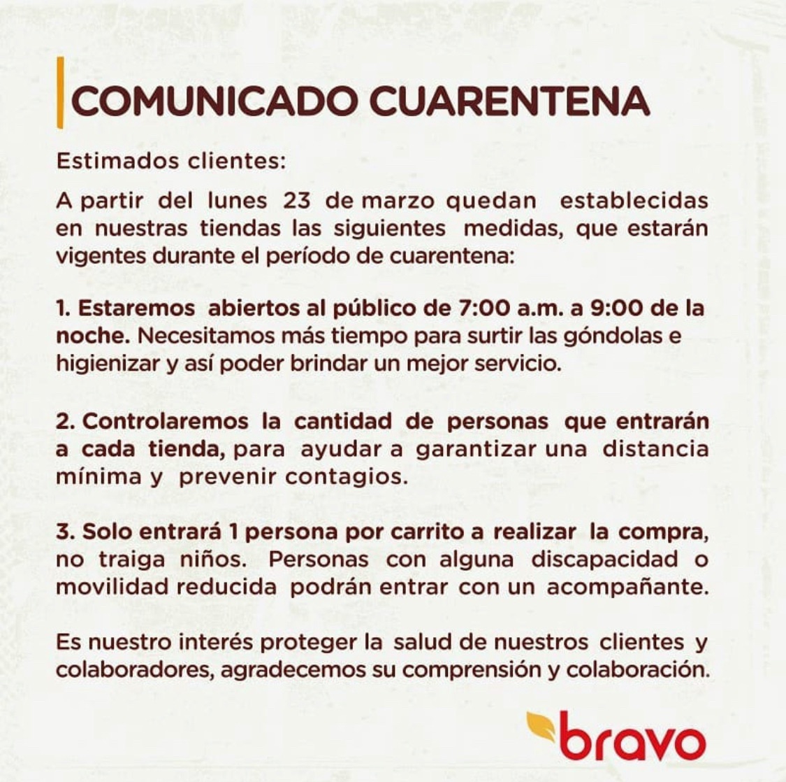 ¡Agradecemos su compresión y apoyo para las nuevas medidas tomadas para proteger la salud de nuestros clientes y colaboradores!