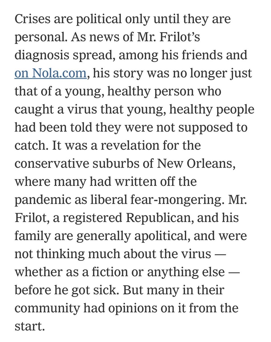 NYT takes a deep dive into the experience of a Republican woman in Louisiana who had to break the news to her MAGA social media network that  #COVID19 isn’t a “hoax” when her husband tested positive and ended up on a ventilator in the ICU.  https://nyti.ms/2vFazm8  h/t  @taiping2