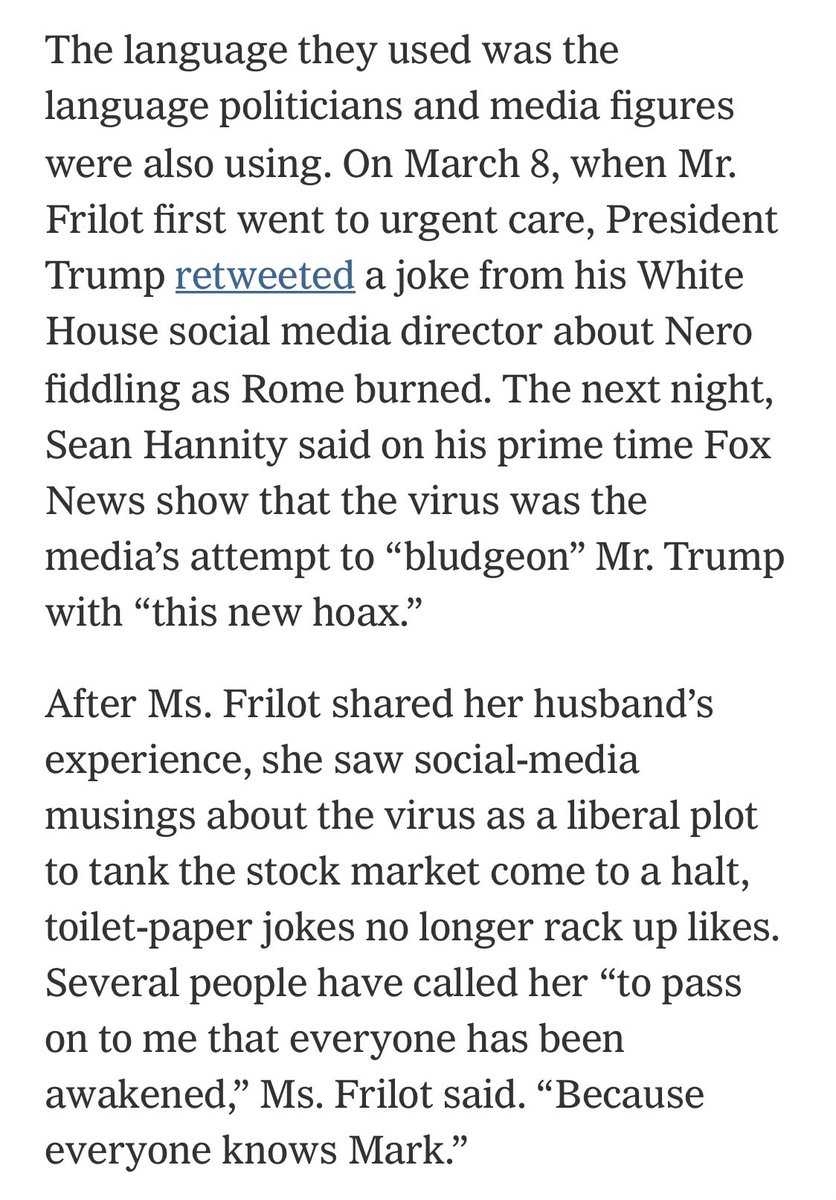 NYT takes a deep dive into the experience of a Republican woman in Louisiana who had to break the news to her MAGA social media network that  #COVID19 isn’t a “hoax” when her husband tested positive and ended up on a ventilator in the ICU.  https://nyti.ms/2vFazm8  h/t  @taiping2