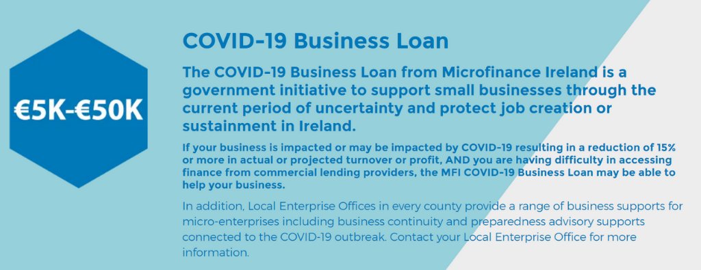 **Update** Important changes to MFI loan scheme *provision of an interest free moratorium for 6 months following drawdown for COVID-19 crisis loans and on existing MFI loans * embargo lifted on alcohol-production businesses availing. See for full details microfinanceireland.ie/loan-packages/…