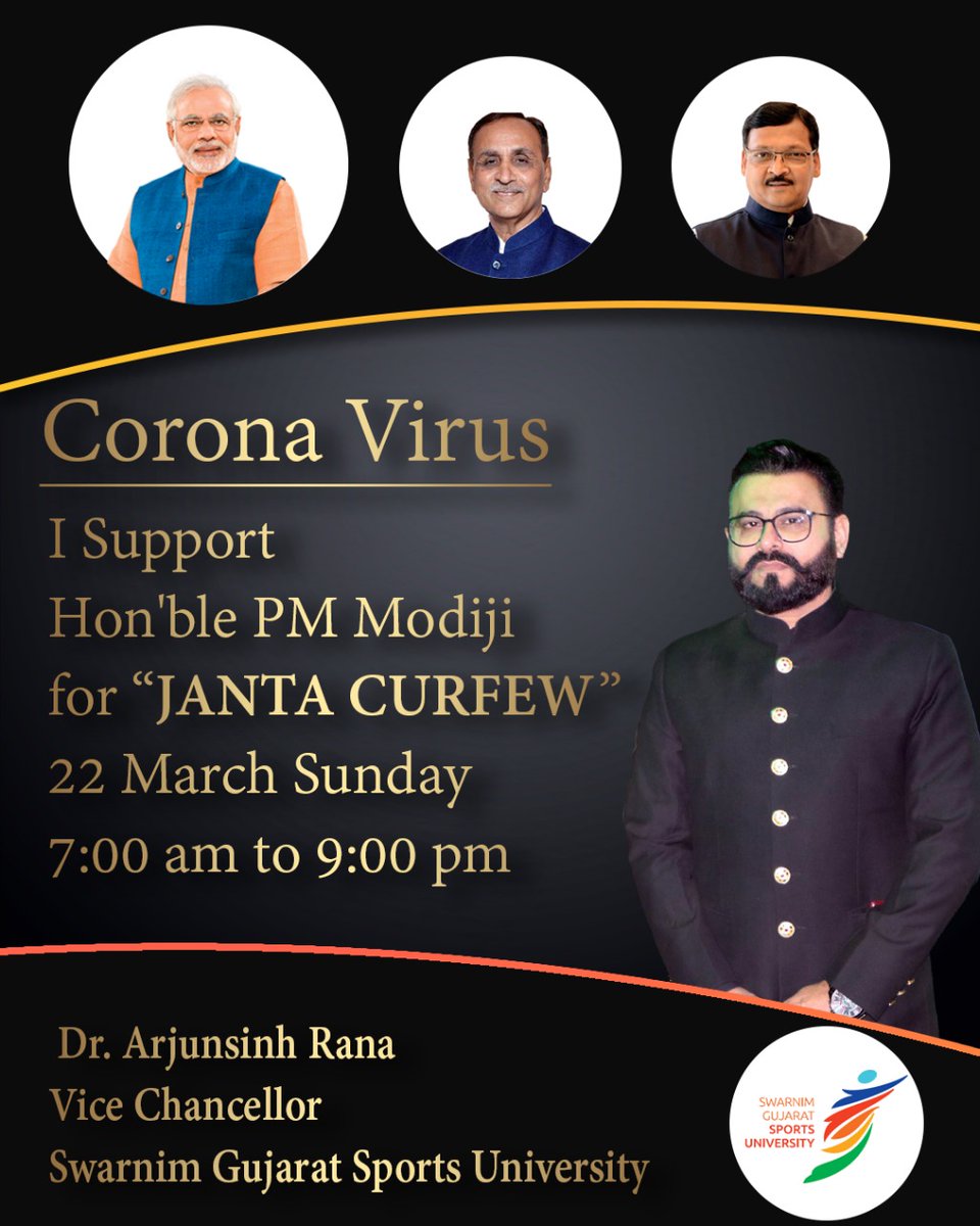 DrArjunsinhRana's tweet photo. I appeals to take PM @narendramodi ji's message #SayNoToPanic #SayYesToPrecautions to combat #COVID19 all across the country & motivate people to follow #JantaCurfew on 22nd March in large numbers. https://t.co/p2ygbuuSv0
