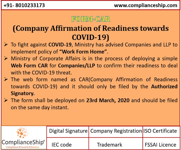 complianceship's tweet photo. Update on MCA regarding Company Affirmation of Readiness towards COVID-19 (CAR,2020)
#MCA_Update #MCA #CAR2020 #CAR #complianceShip #Coronavirus #COVID19 #CompanyLaw #CS #Companysecretary #roc #staysafe #stayathome #workfromhome #Compliance #readiness https://t.co/59MAlBajPh