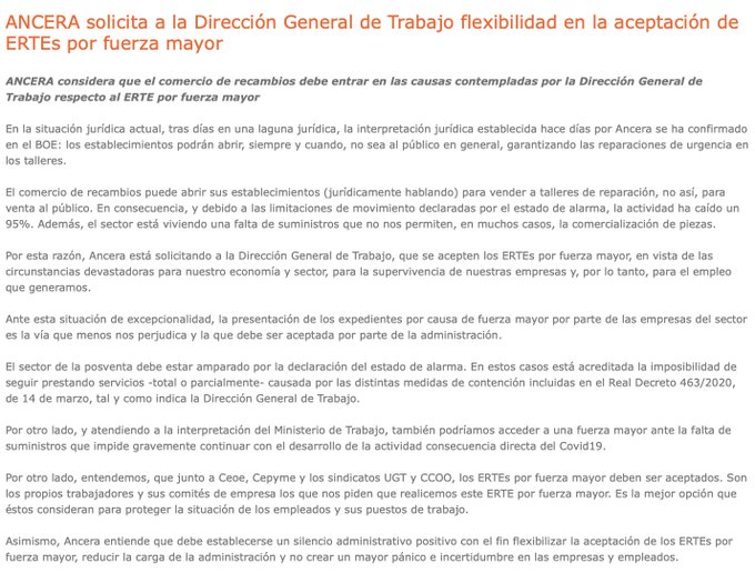 ancera_social's tweet photo. ACTUALIZACIÓN 20/03

ANCERA SOLICITA A LA DG DE TRABAJO FLEXIBILIDAD EN LA ACEPTACIÓN DE ERTEs
https://t.co/bV6ORahzPb

PUBLICACIÓN EN EL BOEN SOBRE TALLERES Y COMERCIO DE RECAMBIOS
https://t.co/nLTjdm8TPk

CONCEPTO DE FUERZA MAYOR SEGÚN LA DG DE TRABAJO
https://t.co/1T3TihnW7F https://t.co/qYlkUt8L4X