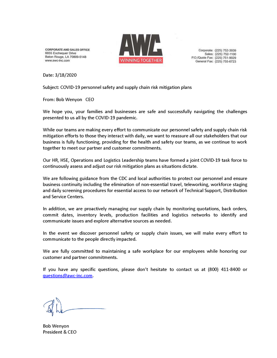 AWCwt's tweet image. Our COVID-19 personnel safety and supply chain risk mitigation plans until further notice.