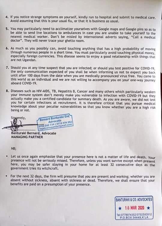 potentash's tweet photo. This is hilarious. A letter to employees about Coronavirus and staying at home that you must read. Something to make you laugh in these dark times. Uganda!!! #Covid19 https://t.co/htkU2S5mIV