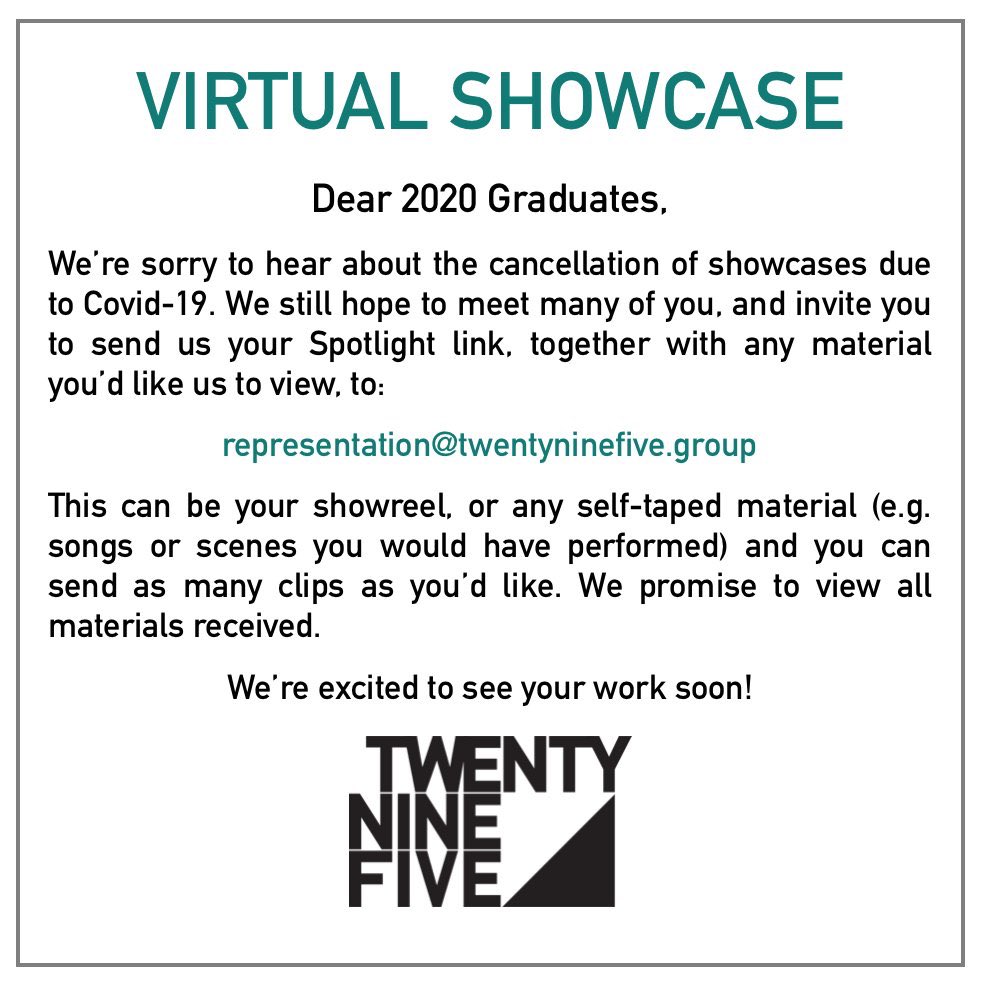 Drama School Graduates with showcases cancelled - get in touch with showreels or self-tapes ⬇️ and we’ll watch all materials received. Please RT. x #coronavirus #dramaschools #GRADUATES #grad2020 #Help2020Grads #showreels #selftape