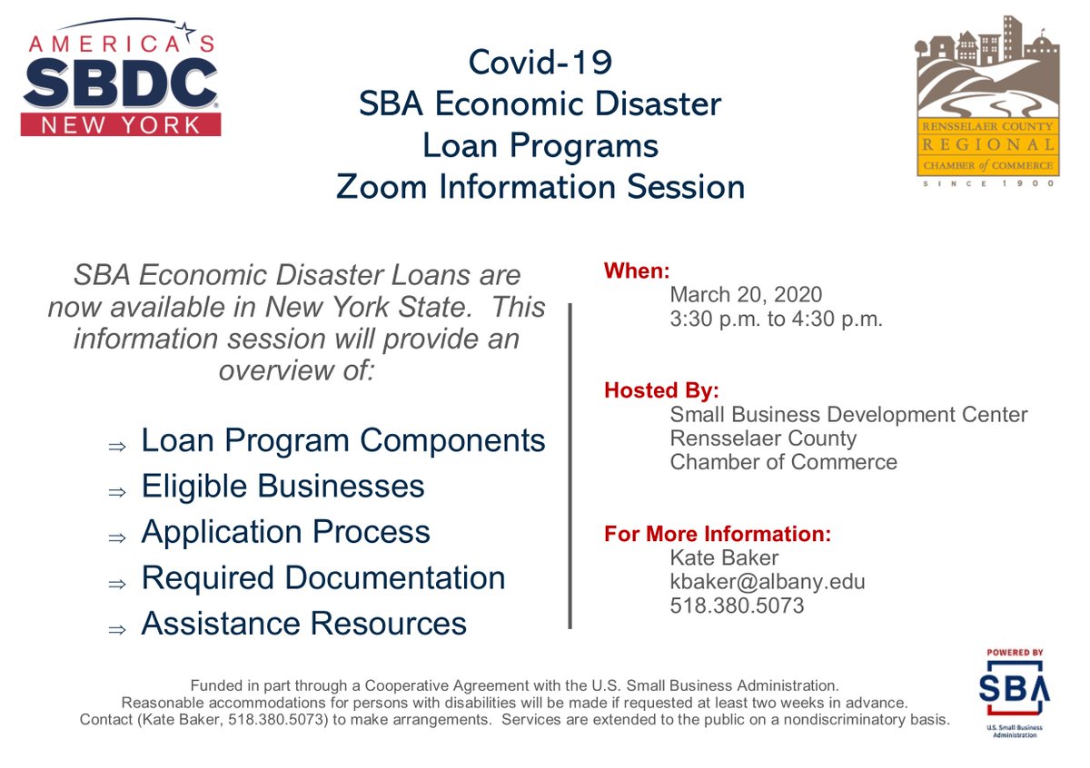 RenscoChamber's tweet photo. Happening today at 3:30 p.m. - we've partnered with @SBDCUAlbany to deliver a free webinar for our members that explains the @SBAgov Disaster Loan application process. Register now ➡️https://t.co/RjOJmGlyYY https://t.co/u7yRmEudhd