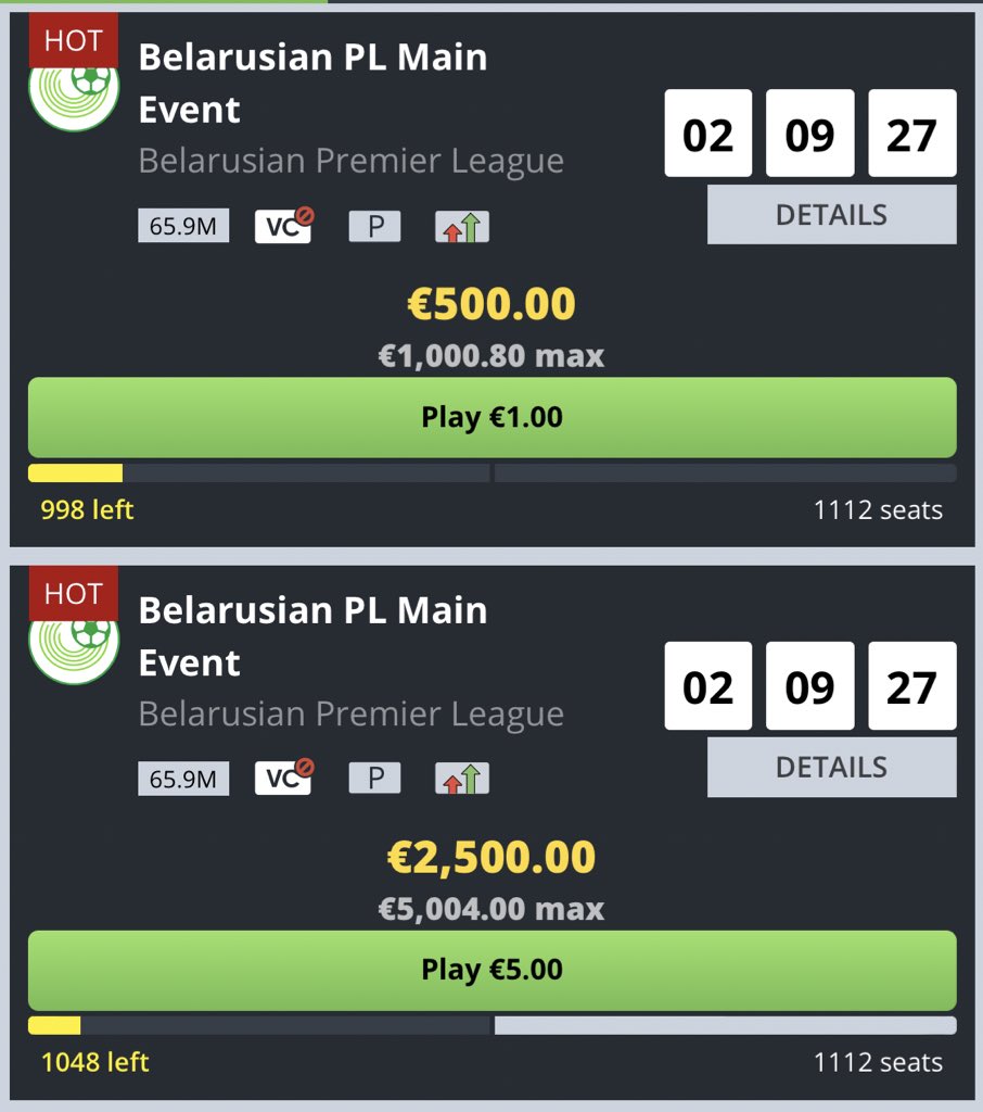 🎫 ⚽️ TWITTER COMP ⚽️ 🎫

Fancy winning 1️⃣ of 5️⃣ €1 AND €5 tickets to today’s €2500 &amp; €500 Belarusian Premier League contest?

Of course you do - there’s nothing  else to do...

⏰ RT &amp; REPLY with your FanTeam username in the next 90-minutes.

PLAY 👉 fanteam.com/fantasy/partic…
