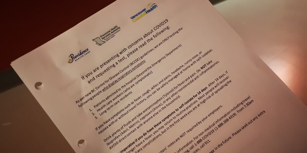 So according to the ER nurse (every nurse tells me s/t different?) I'm a borderline test case due to my travel history but it's up to the doctor to determine if I can get tested. I got this handout though...it's no wonder that community spread isn't reported in official numbers