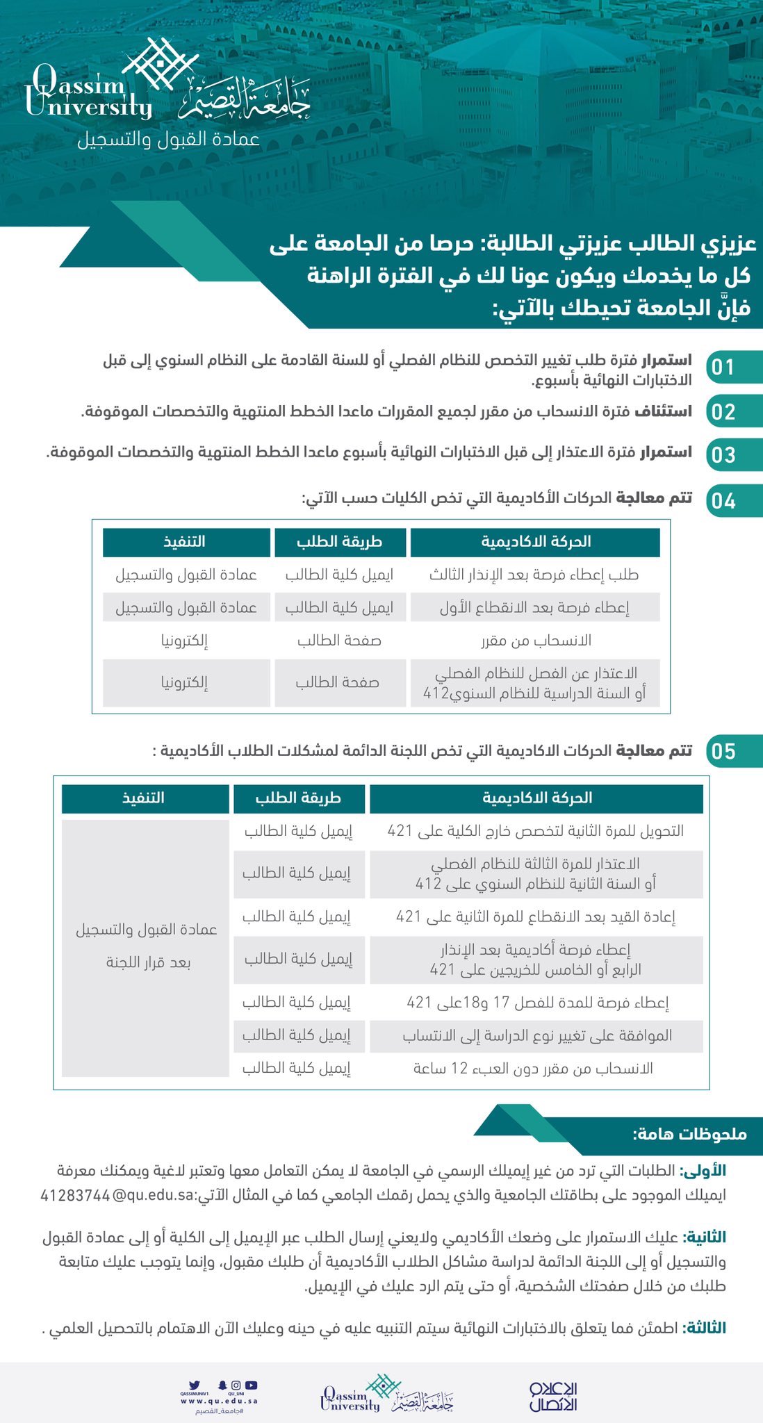 طلبة جامعة القصيم على تويتر تغيير التخصص ، التحويل ، الانسحاب من مقرر لجميع المقررات ، الاعتذار عن الفصل الدراسي ، كل هذه الحركات الأكاديمية تستمر حتى ما قبل الامتحانات النهائية Https T Co 7tquoyy72z