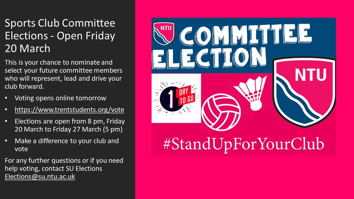 Students have worked hard to put themselves forward to gain a place on their Sports Clubs Committees. 

We encourage students to continue to make their voices heard through social media channels as the voting stage of the process begins tonight at 8. 

trentstudents.org/elections