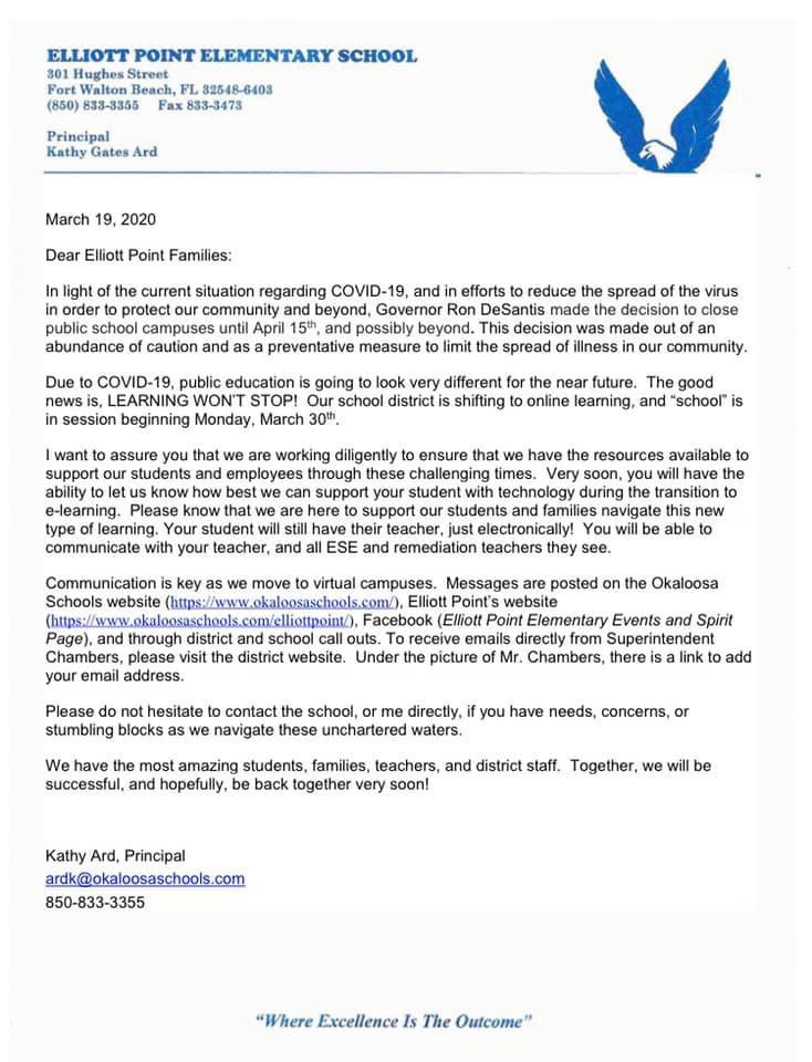 Public education is moving in a new direction for a bit. Hopefully we can all be back together soon! <a href="/OCSD1/">Okaloosa Schools</a> <a href="/mdchambers25/">Marcus Chambers- Superintendent of Schools</a> <a href="/bagboy801/">Tim Bryant</a> <a href="/ddk30275228/">dianedk</a> <a href="/f50edada933c4db/">Lamar White</a>