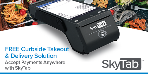 Shift4's tweet photo. With takeout and delivery being so important due to the COVID-19 situation, we're waiving multiple SkyTab fees for three months, enabling restaurants to accept payments curbside for takeout orders or at-the-door for delivery with free 4G-enabled devices. https://t.co/5hXKDylGJ5 https://t.co/KyJFCGkIuJ