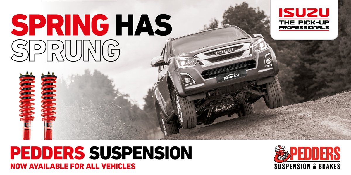 Isuzuuk's tweet photo. Spring has sprung... This only means one thing for your Isuzu D-Max. Enhance ride comfort and handling with our range of pedders suspension and steering parts. Contact your dealership to find out the details: https://t.co/oCFP6ZPTHJ https://t.co/JgHjXo0brb