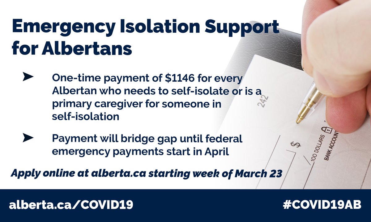jkenney's tweet image. If you need to self-isolate, and have no other means of income, Alberta is rolling out financial support to help.

A one-time payment of $1146 will help folks bridge until April when federal supports will take over.

Applications will be open on Alberta.ca next week.
