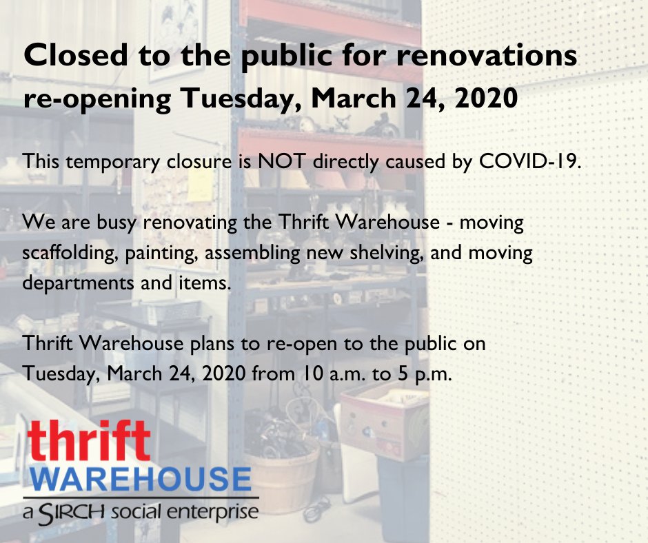 Our Thrift Warehouse in #myhaliburtonhighlands is closed until Tues Mar 24 as we are renovating. Please note, we can't accept donations during this temporary closure. Our Thrift Warehouse in #bancroft is open, Tues to Sat (10AM-5PM).