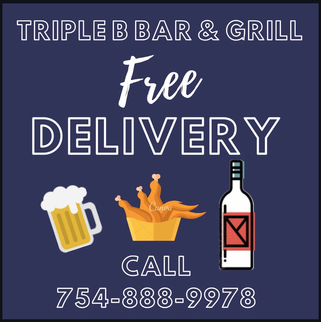 triplebbar's tweet photo. Friday, Saturday &amp; Sunday we are open for delivery of food, beer, liquor &amp; mixers from 11am -2am CALL 754-888-9978 to place your order &amp; get beer &amp; liquor pricing! UberEATS is delivering for FREE to our local customers!! https://t.co/bgJxZkci8O