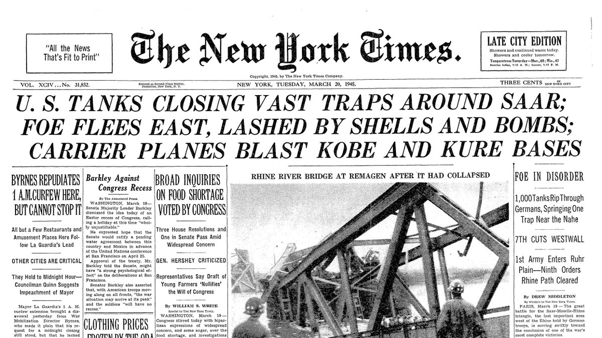 March 20, 1945: U.S. Tanks Closing Vast Traps Around Saar; Foe Flees East, Lashed By Shells and Bombs; Carrier Planes Blast Kobe and Kure Bases  https://nyti.ms/2UqRBaX 