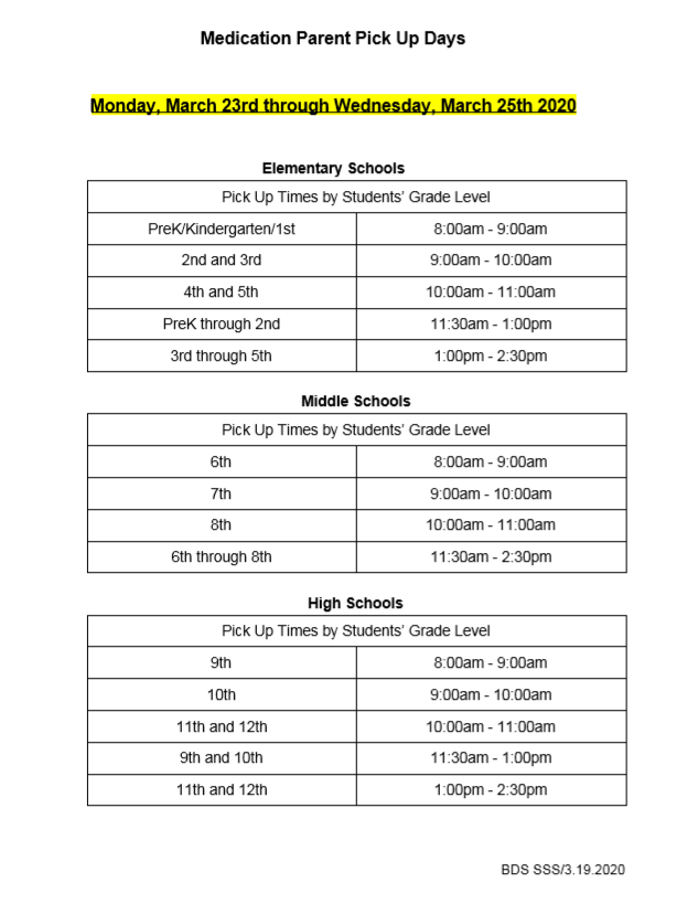 BDS_Supt's tweet photo. These are the dates/times for medication pick up by parents/guardians only. We know these are not convenient for all but please honor your time/date to enable us to honor social distancing and the CDC guidelines regarding keeping groups to 10 or fewer. https://t.co/FNZ72GF2J7