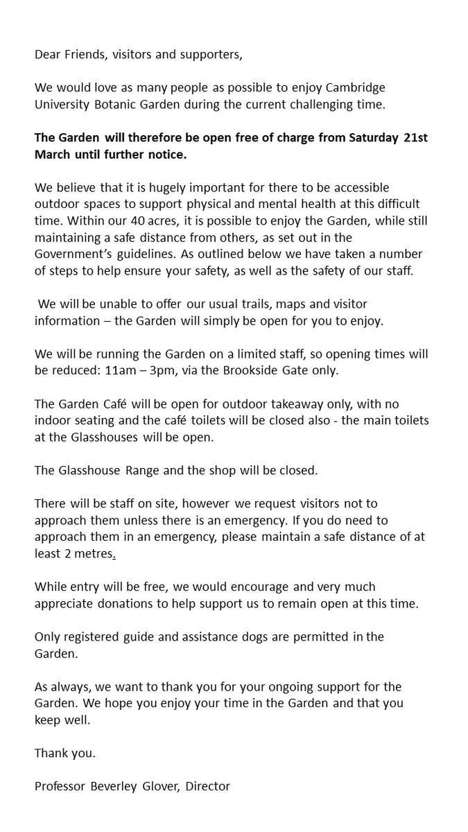 From Saturday 21 March, Cambridge University Botanic Garden will be opening free of charge, daily, 11am - 3pm. Please see a statement from our Director below or visit our website botanic.cam.ac.uk