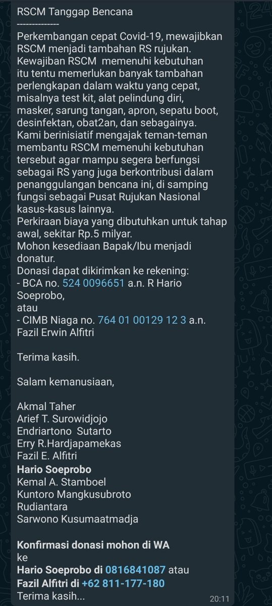 Tuips, ini verified ya. Kami kenal lgsg dgn Prof. Akmal Taher, beliau mantan direktur RSCM dan skrg masih praktek jg di sana

Yuk yg mau bantu RSCM dan pejuang2 garda depan spy bisa dpt alat pelindung diri
