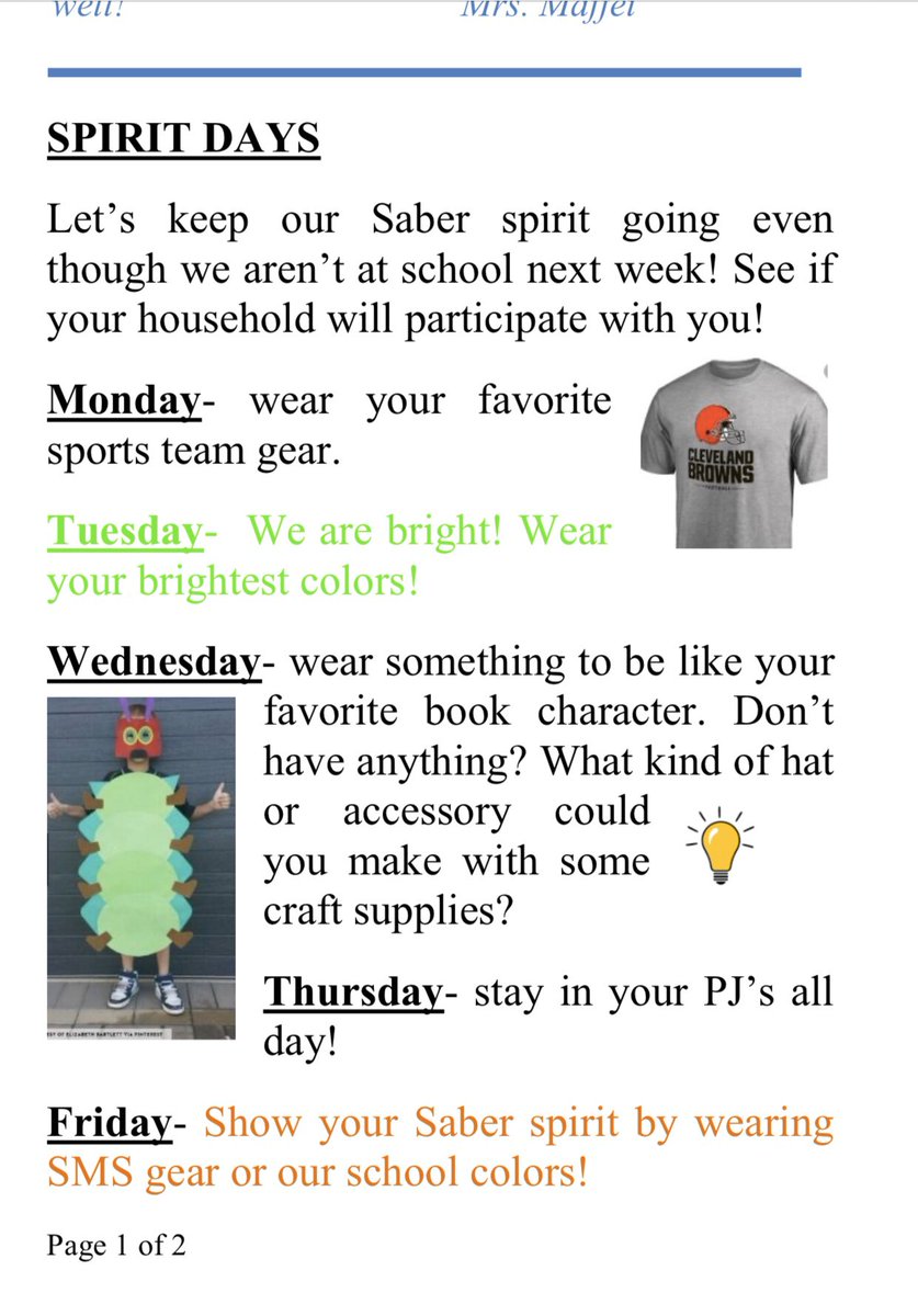 wcsSMSamym1's tweet photo. 🌅 Sunset Middle— here is a snapshot from the student newsletter I sent this week, reminding you of next week’s SMS Spirit Week. Let’s keep our spirits up, even though we won’t be at school! 
🔸🔷@wcsSMS🔷🔸 @WCSedu https://t.co/hn6mQBurJ8