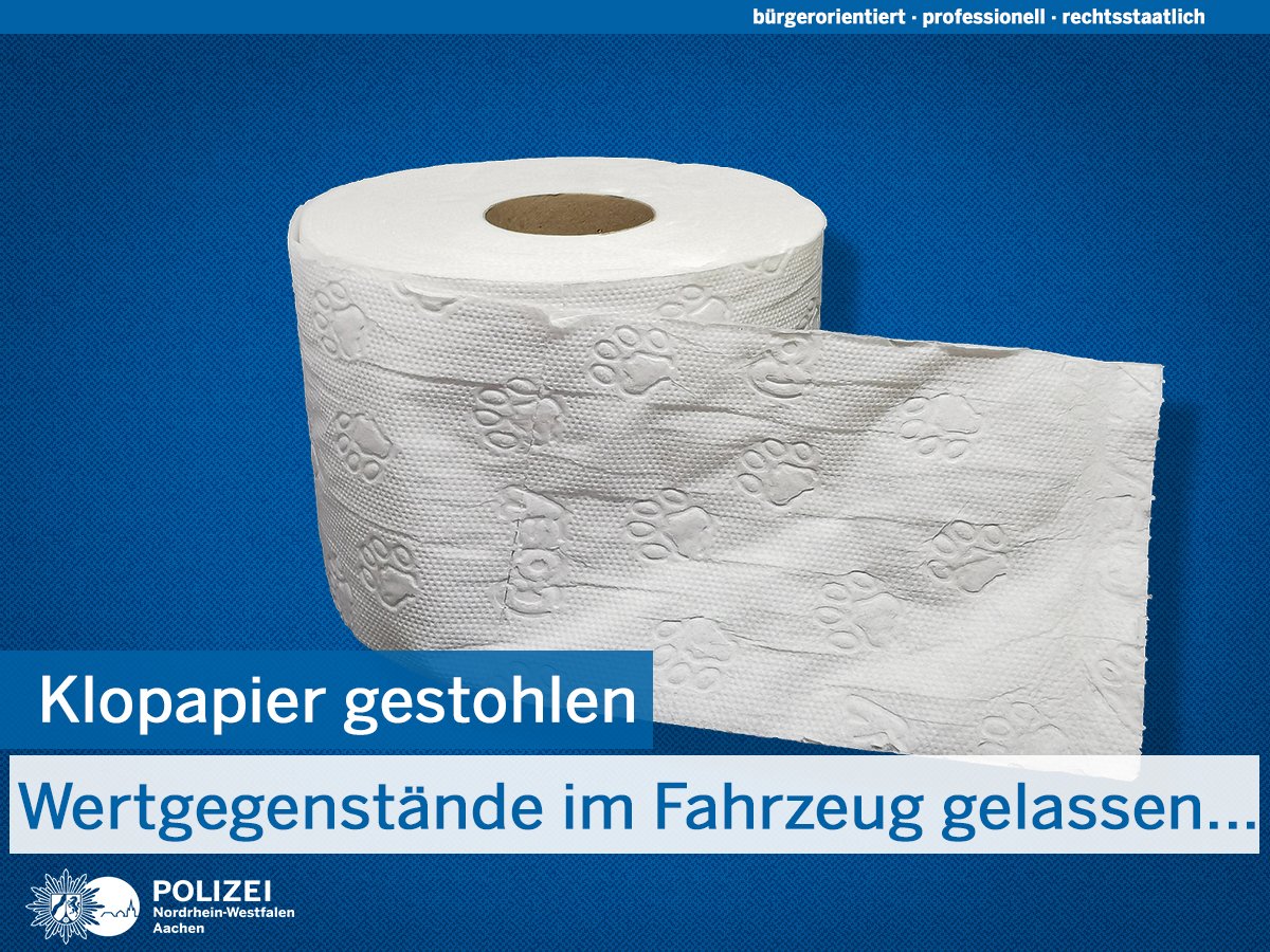 Keine Wertgegenstände im Fahrzeug lassen! - Diesen Tipp sollte man am besten immer &amp; nicht nur in Zeiten von #Corona befolgen. In #Würselen wurde die Scheibe eines Pkw eingeschlagen &amp; mehrere Rollen Klopapier gestohlen.